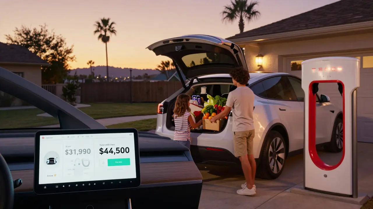 Rodina naloží nákup do Tesla Model Y v zahradě s nabíječkou, na tabletu viditelná celková cena.