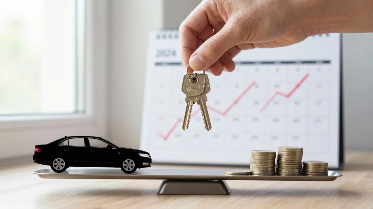 Ruka klíčů na váze, která se nakloní kvůli ztrátě hodnoty auta, s kalendářem amortizace.