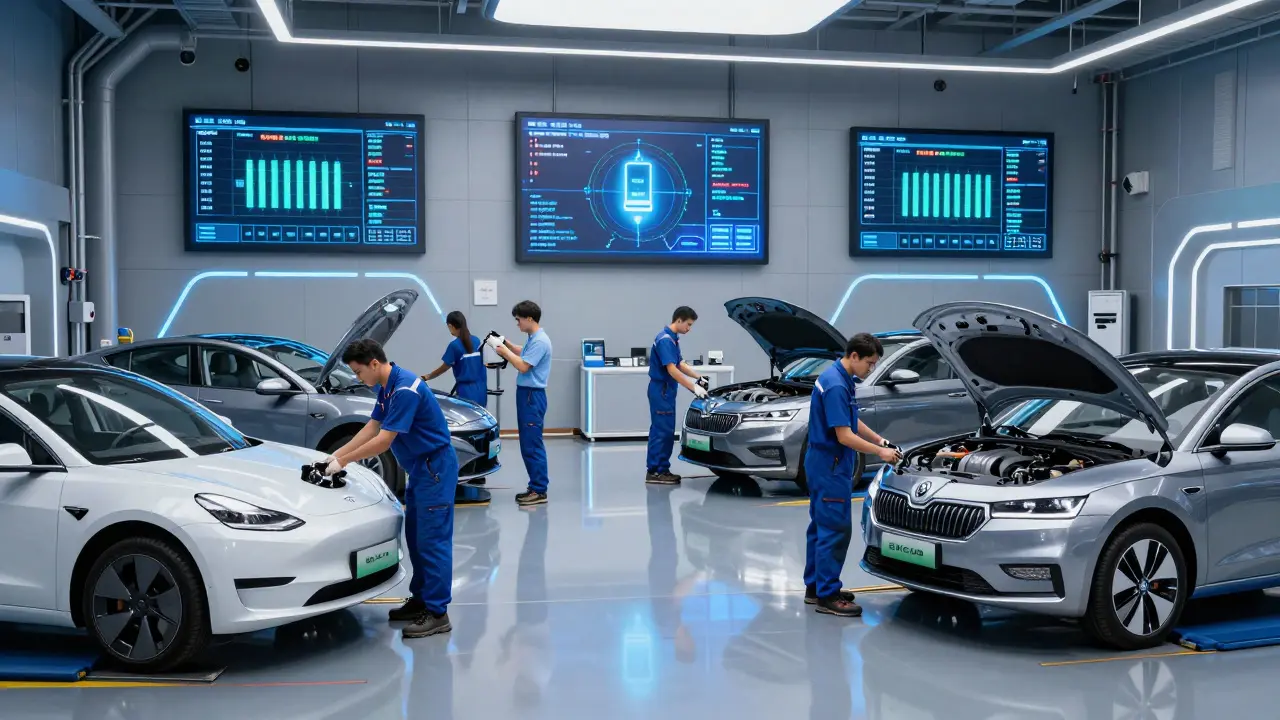 Různorodý tým mechaniků pracuje na elektromobilech v moderním servisu s digitálními obrazovkami.