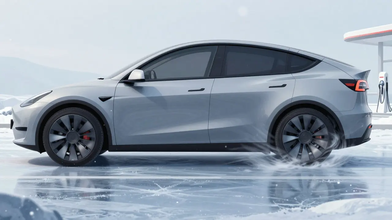 Side-by-side comparison of Tesla Model Y with 18-inch and 20-inch wheels on icy road, highlighting aerodynamic efficiency differences.