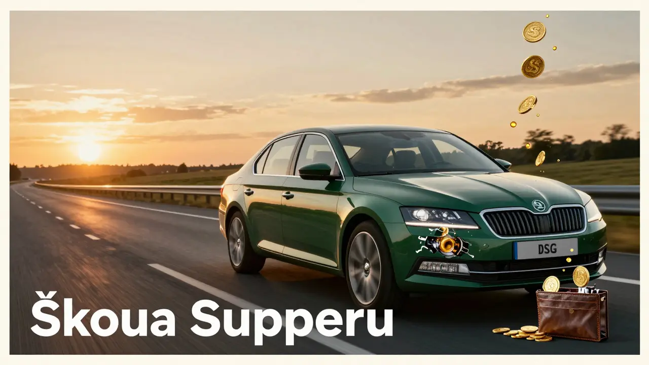 Škoda Superb on highway with transparent DSG gearbox overlay, oil droplets turning into coins.