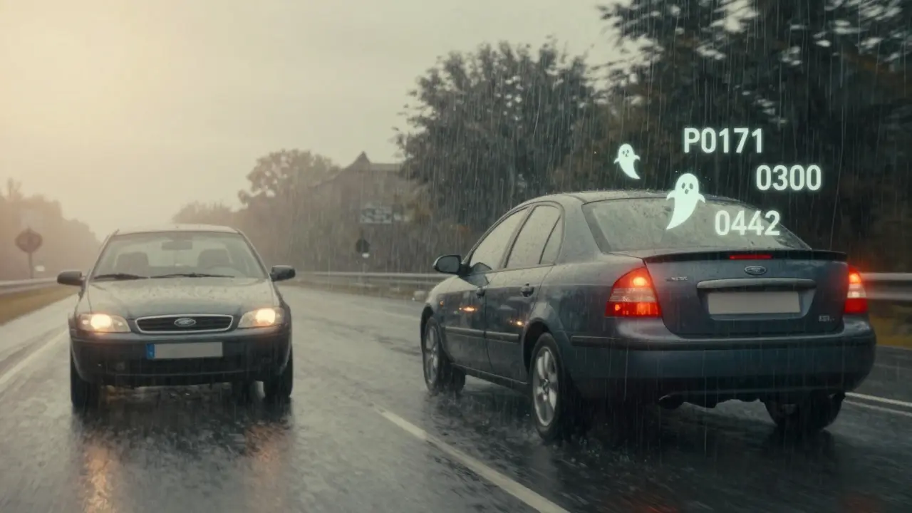Split-screen concept showing a Ford car with intermittent warning lights during rain and smooth driving in sun.