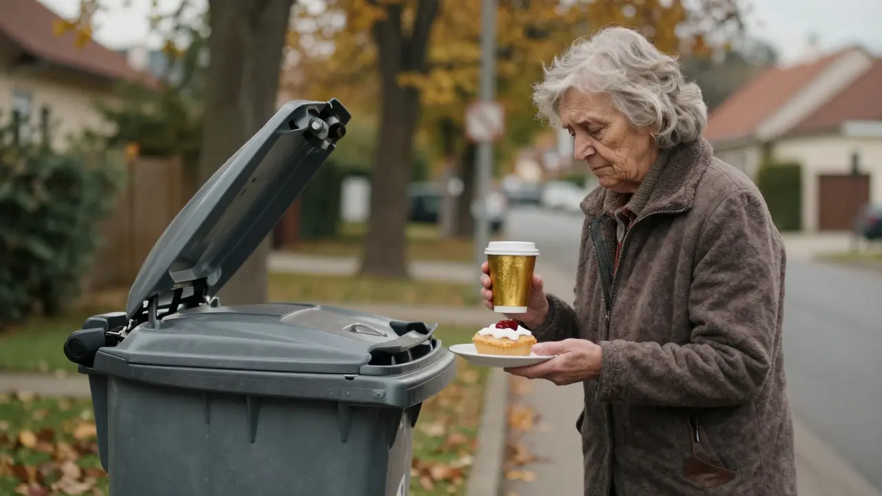 Stará žena podává popeláři kávu a koláč jako symbol vděčnosti za jeho denní práci ve čtvrti.