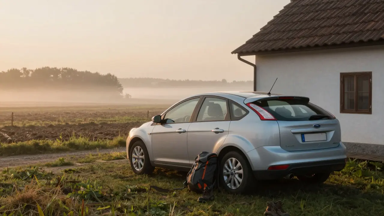 Staré auto Ford Focus stojí u venkovského domu v Česku s batohem a botami.