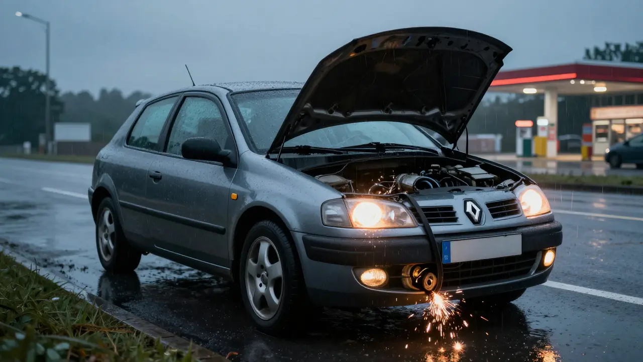 Stranded Renault Megane on a rainy road with hood up, revealing damaged timing components.