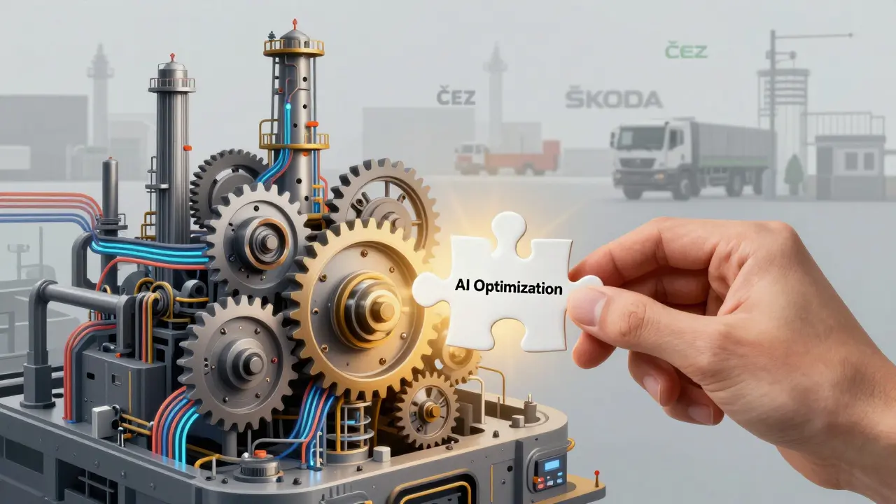 Symbolický obraz jednoho dílku řešení vloženého do komplexního stroje představujícího průmyslovou optimalizaci.