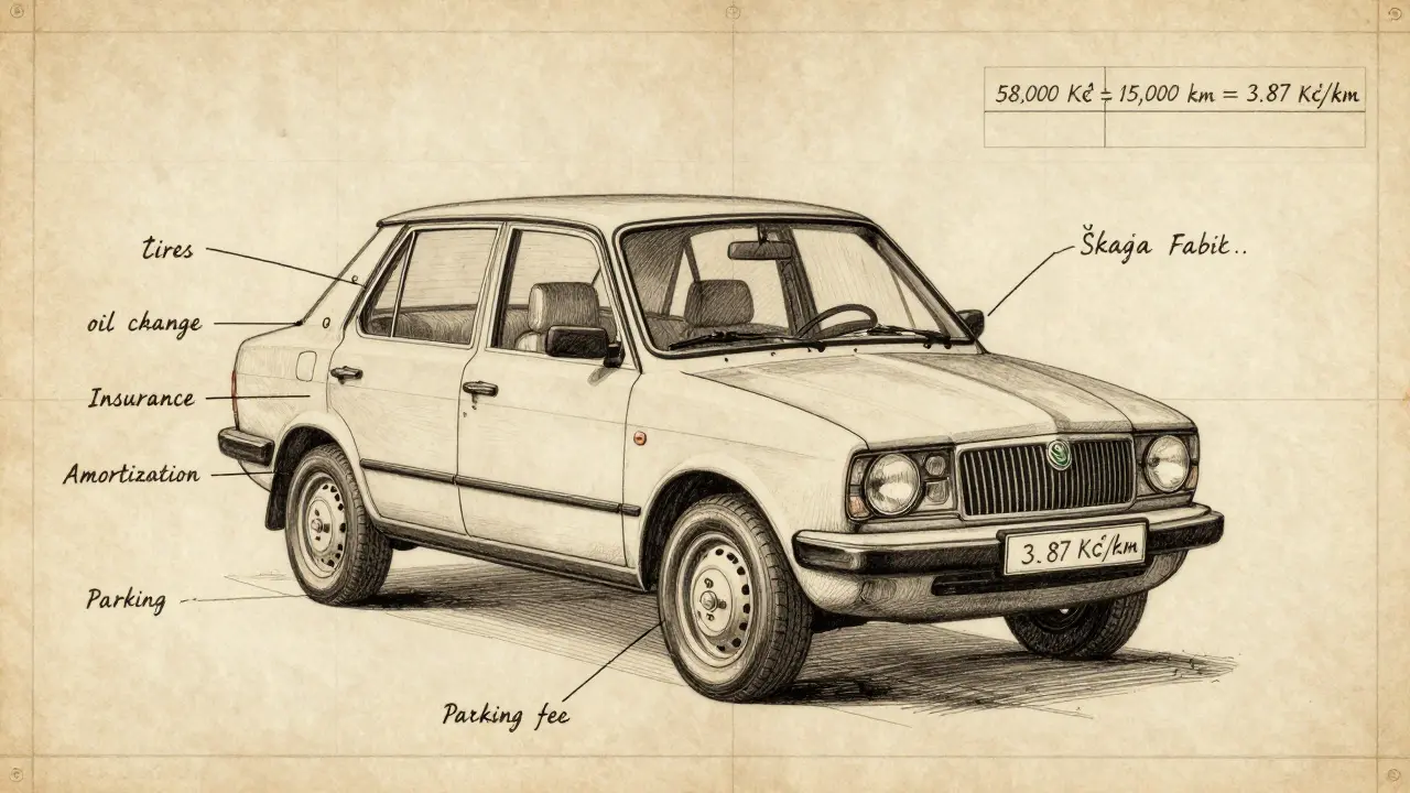 Technický náčrt Škoda Fabia s označenými položkami nákladů a ručně vypočítanou cenou za kilometr na staré papírové podložce.