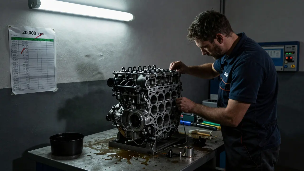 Technik v dílně s poškozeným motorem Škoda, viditelné poškozené komponenty na pracovním stole.