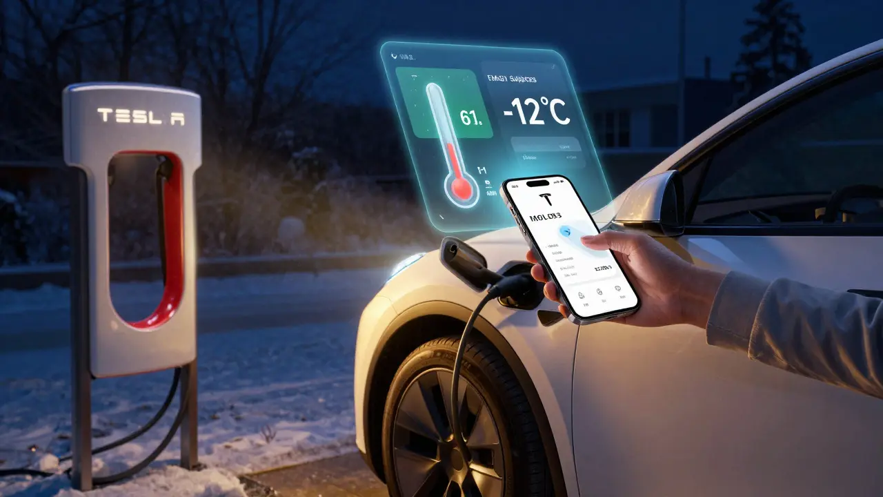 Tesla being pre-heated via app while plugged in during freezing night, with warm interior glow and -12°C external temperature.
