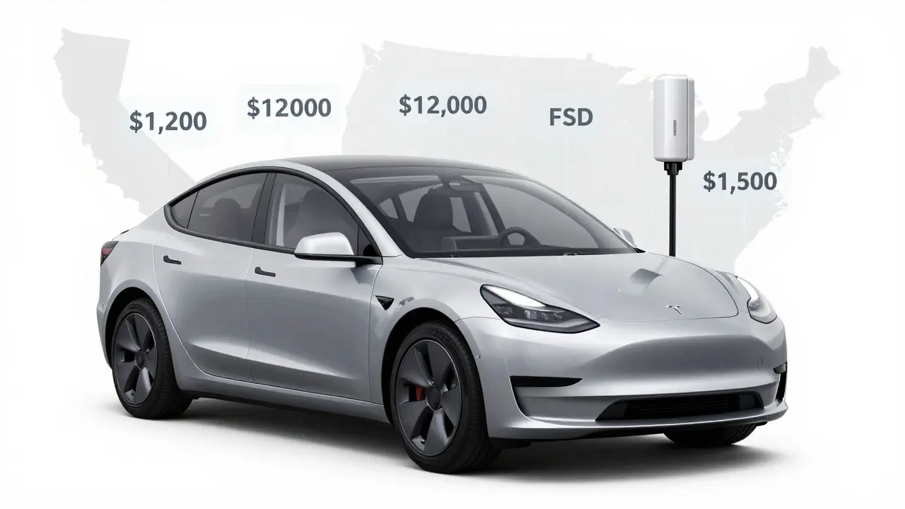 Tesla Model 3 s průhlednými náklady jako letadla nad autem: přeprava, FSD, registrace a nabíječka.