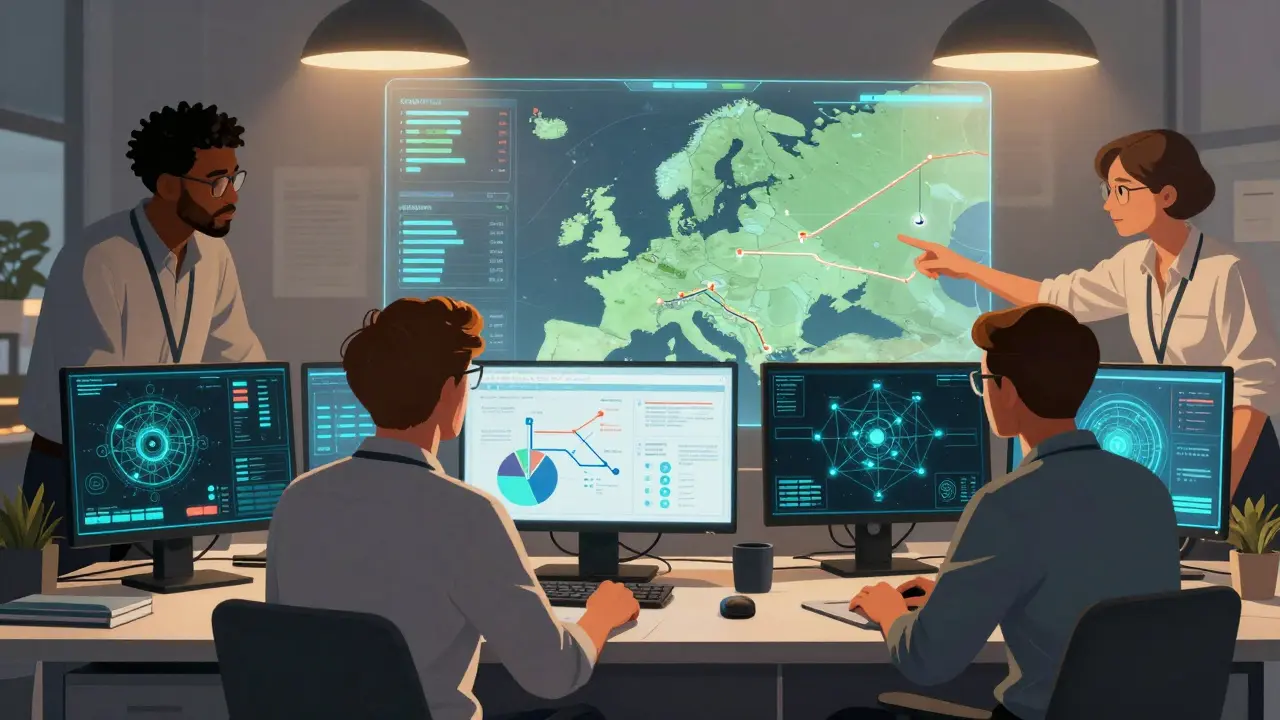 Tým odborníků analyzuje data z výroby, logistiky a kybernetické bezpečnosti v průmyslovém prostředí.
