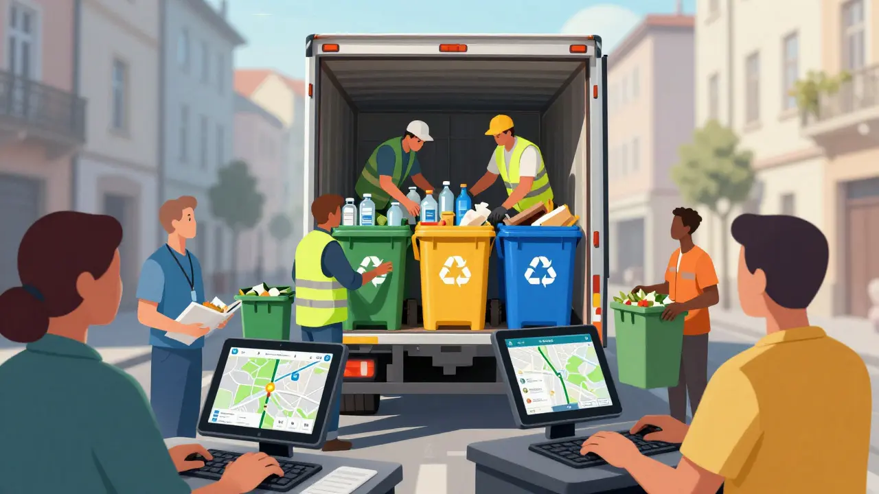 Tým popelářů v Brně třídí a naloží recyklovaný odpad do moderního vozidla s digitálními navigačními tablety.