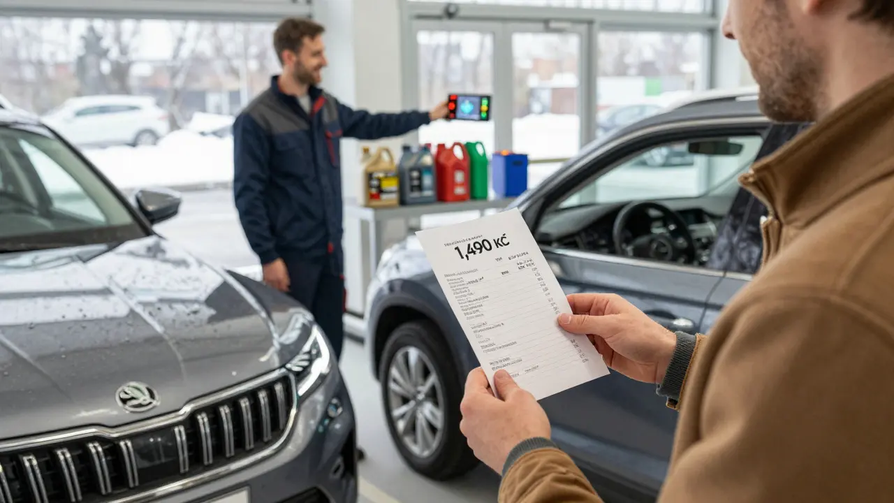 Vlastník Škoda Kodiaq drží účet za výměnu oleje, technik ukazuje na obrazovku s resetem servisu.