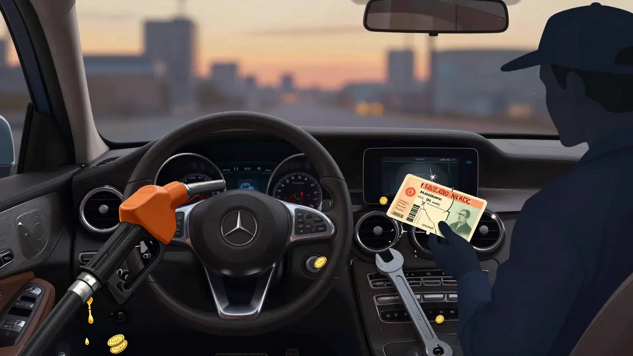 Vnitřek automobilu Mercedes s symbolickými prvky reprezentujícími náklady na vlastnění.