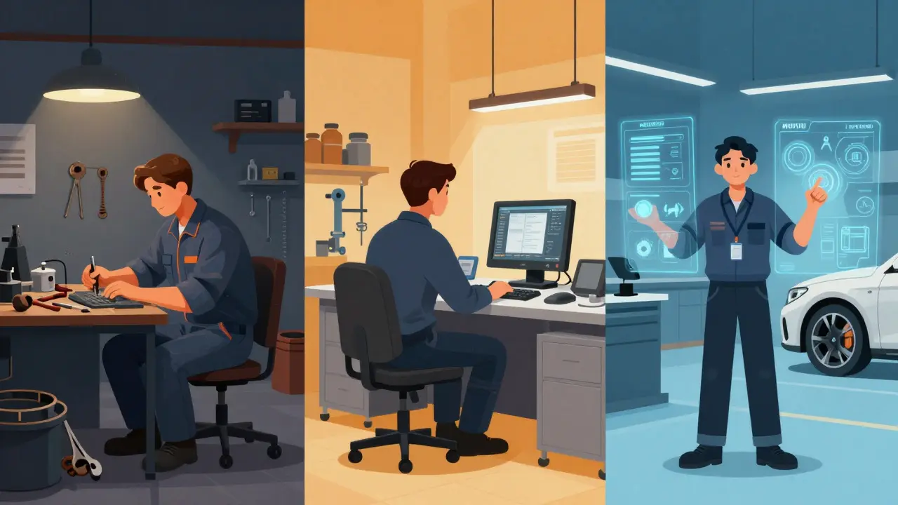 Vývoj kariéry mechanika: od malé garáže přes střední servis až k vysokotechnologickému pracovišti.