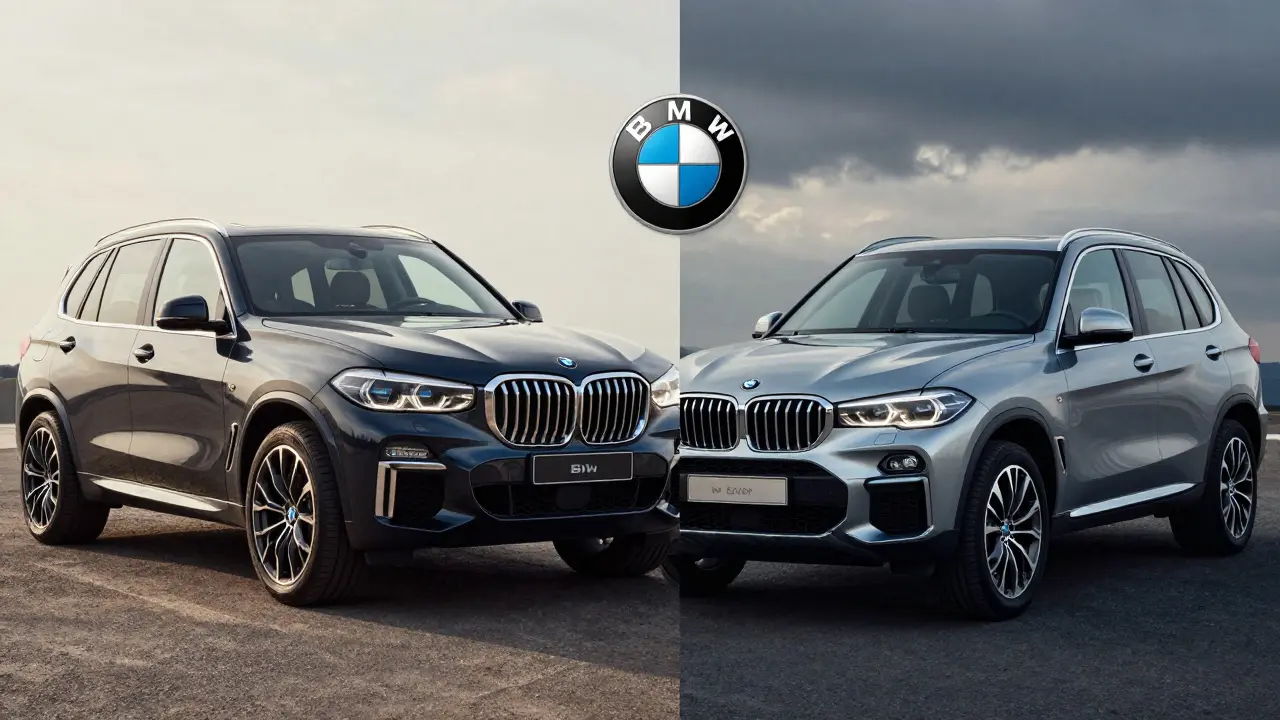 Dvě verze BMW X5 vedle sebe: americká s velkým motorem a evropská s dieselovým motorem, symbolizující regionální výrobu.