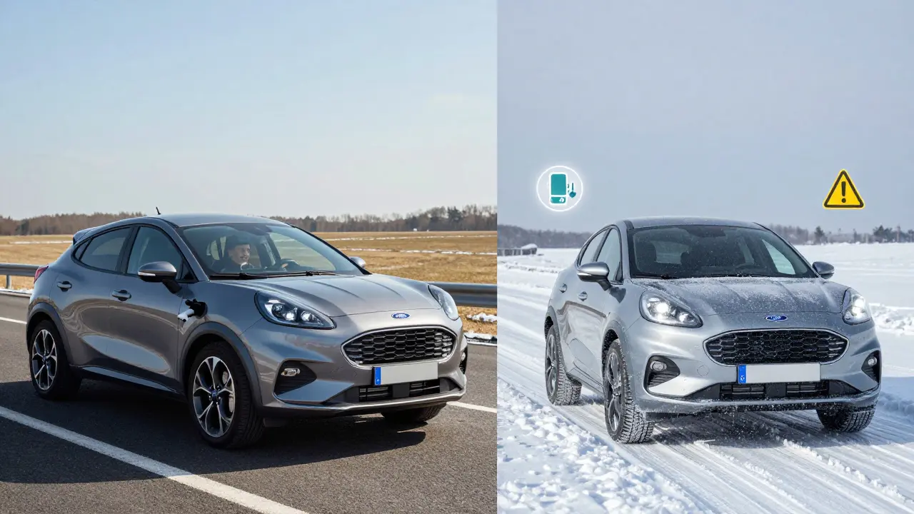 Ford Puma Hybrid na letní silnici a zimním ledovém povrchu s indikátory výdrže baterie.