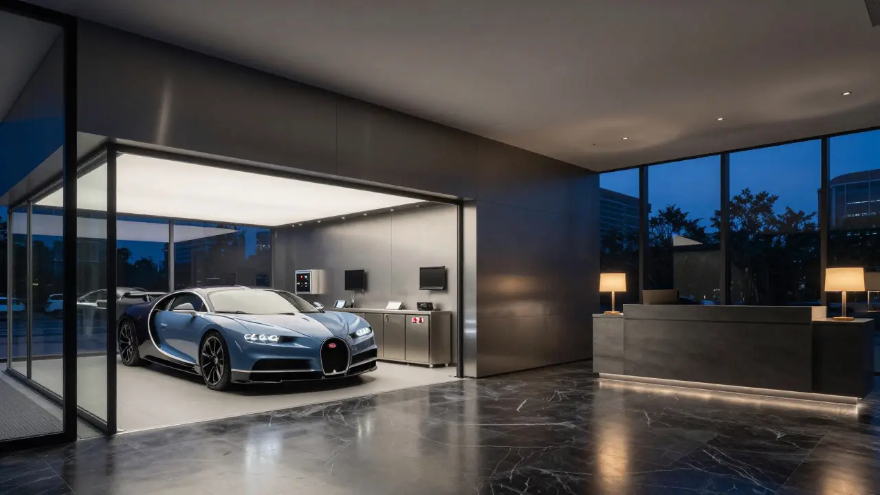 Interiér luxusní autoservisní centra v soumraku