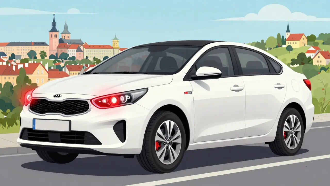 Kia Ceed s označenými vadami: nefunkční světla, opotřebované pneumatiky a koroze nápravy.