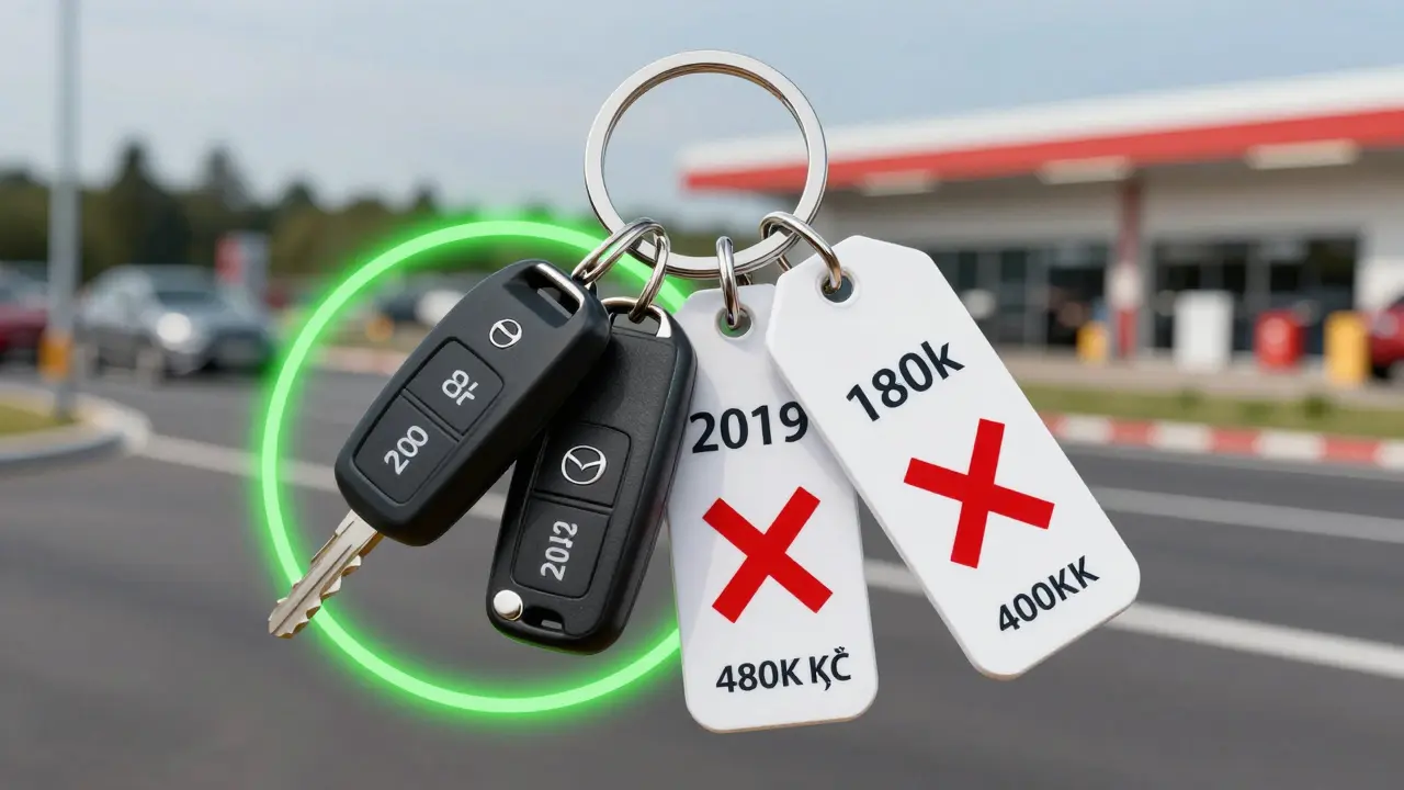 Klíče tří modelů Mazda s cenami — zelený kruh kolem klíče z roku 2019.