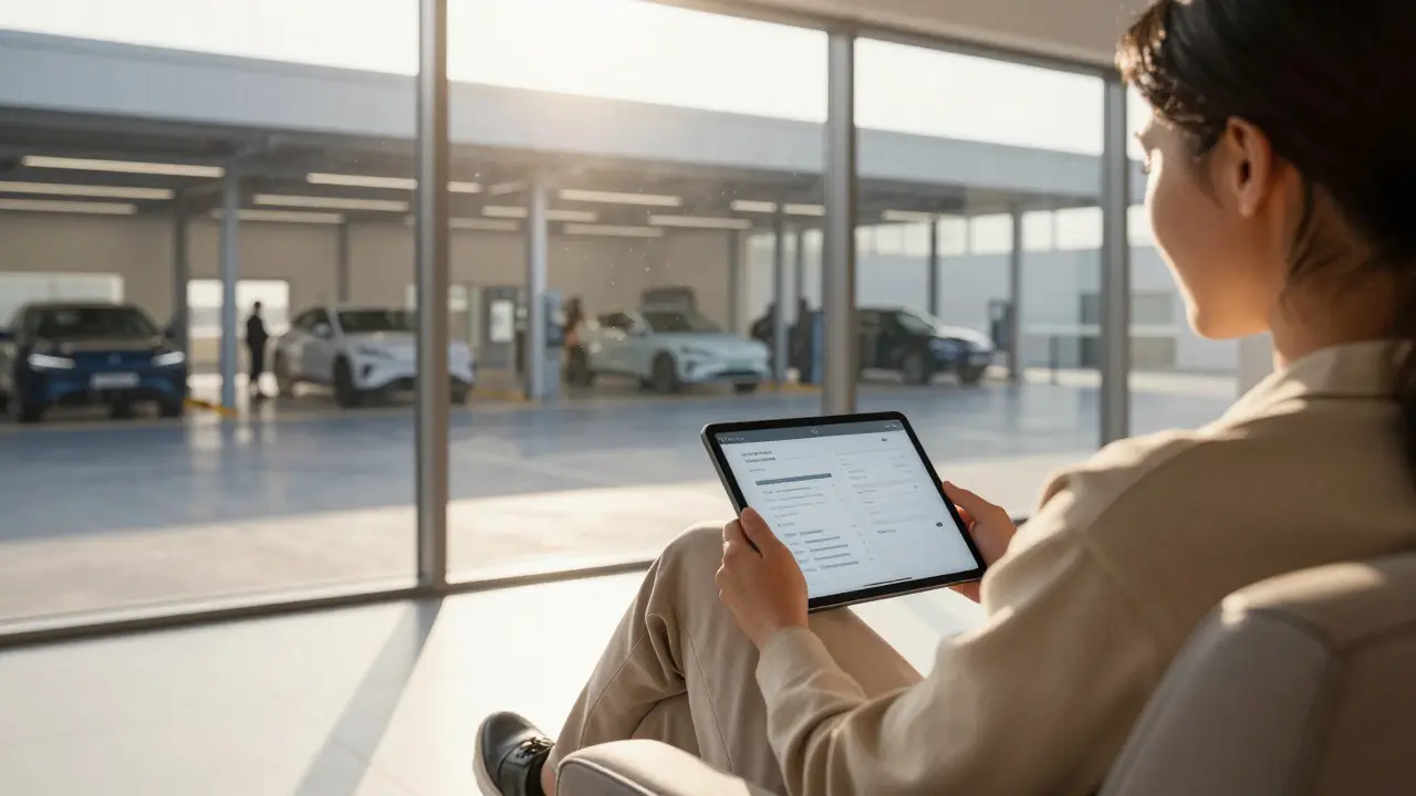 Klient čeká v lobby s tabletem pro digitální historii auta