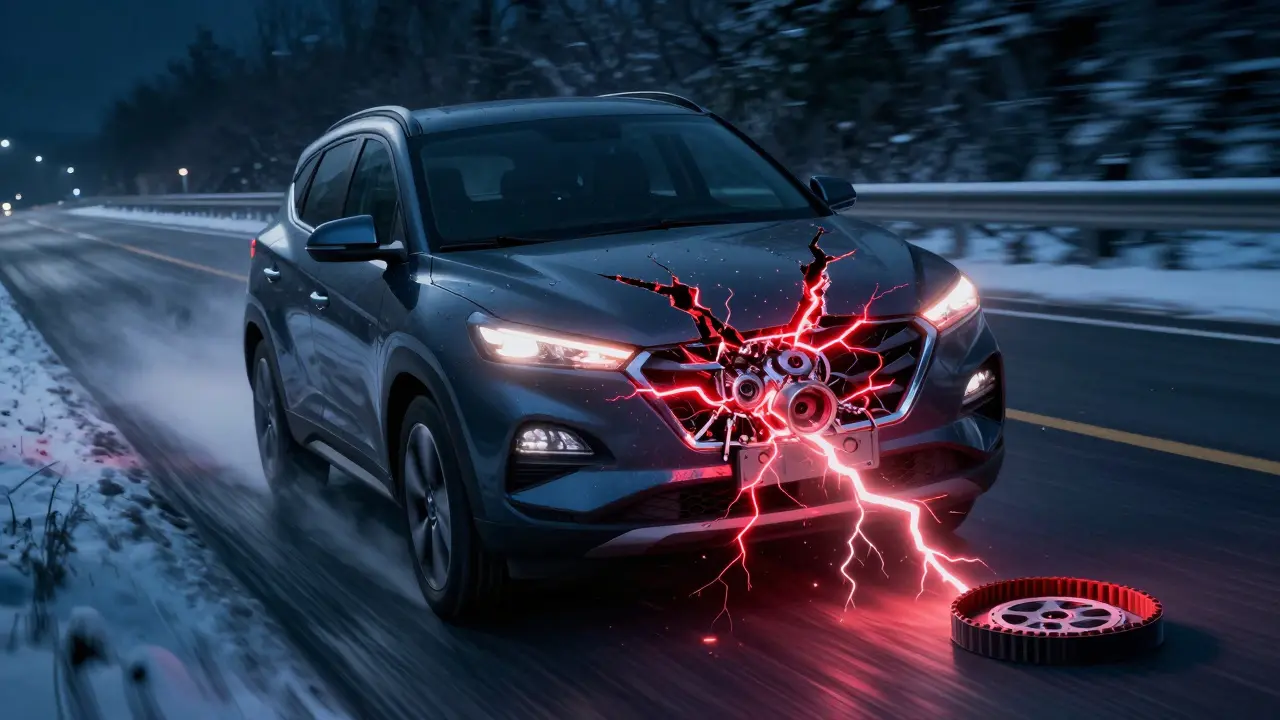 Konceptuální obrázek poškozeného motoru Tucsonu na sněžené dálnici s výrazným rozštěpením