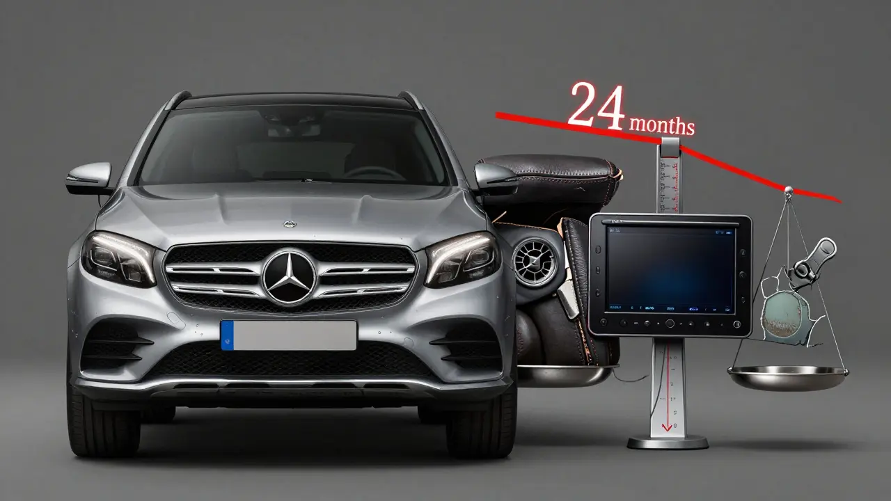 Konceptuální obrázek vozidla Mercedes-Benz s viditelnými výrobními vadami na jedné straně a dokonalostí na druhé.