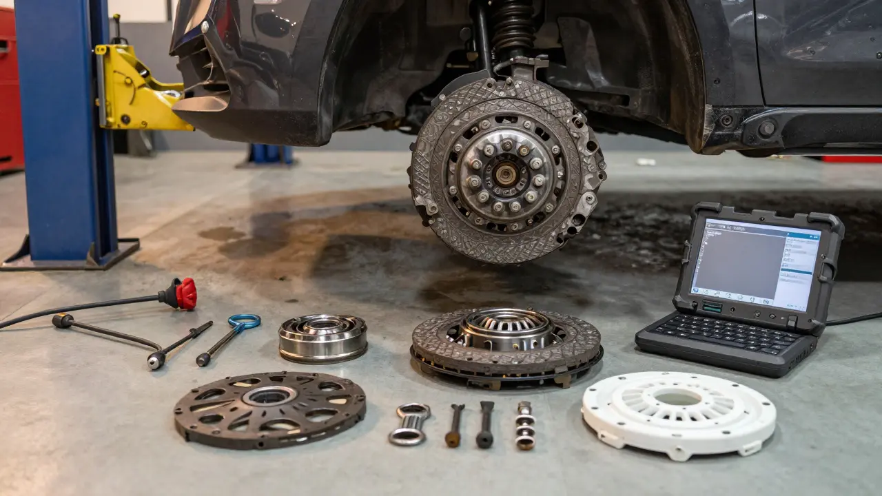 Mechanik v servisu vyměňuje kompletní komponenty spojky v Mazda, s originálními díly viditelnými vedle auta.