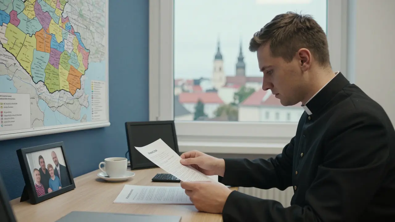 Mladý kněz v Brně studuje dokument o živobytí s mapou českých diecézí na stole.