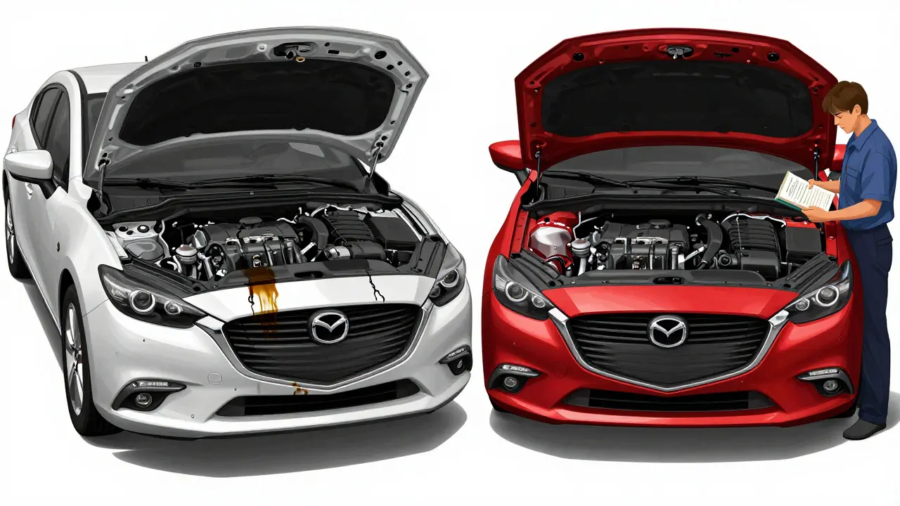 Porovnání starého a ideálního věku auta: špína pod motorem vs. čistý motor se servisní knížkou.