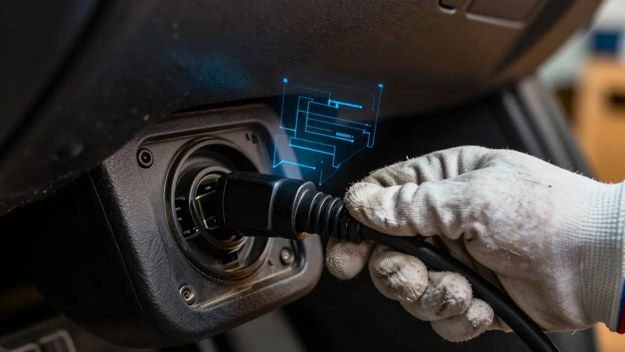 Připojení diagnostické kabely k vozu pro vyhledání vad
