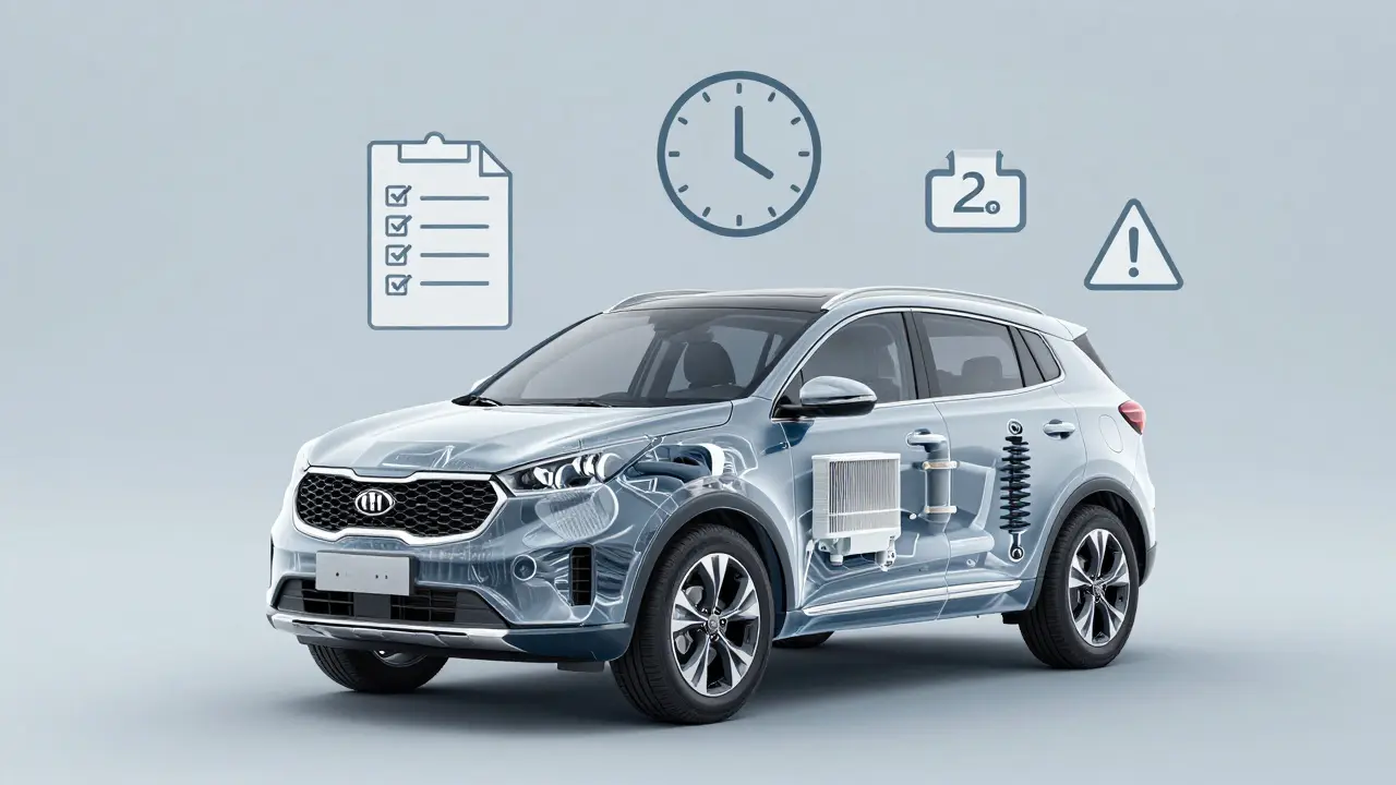 Průhledný pohled na vnitřní systémy Kia Sportage s důrazem na emise a podvozek.