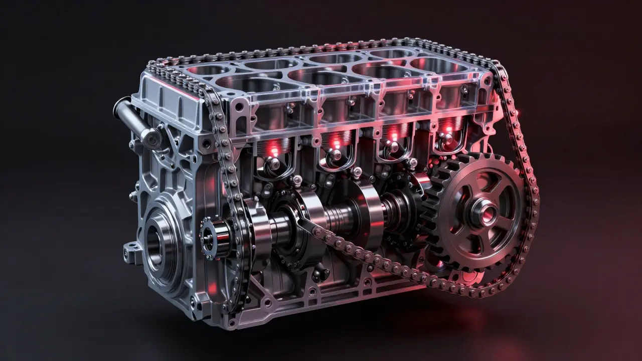 Průřez motoru Renault s roztříštěným řetězem a poškozenými ventily a písty