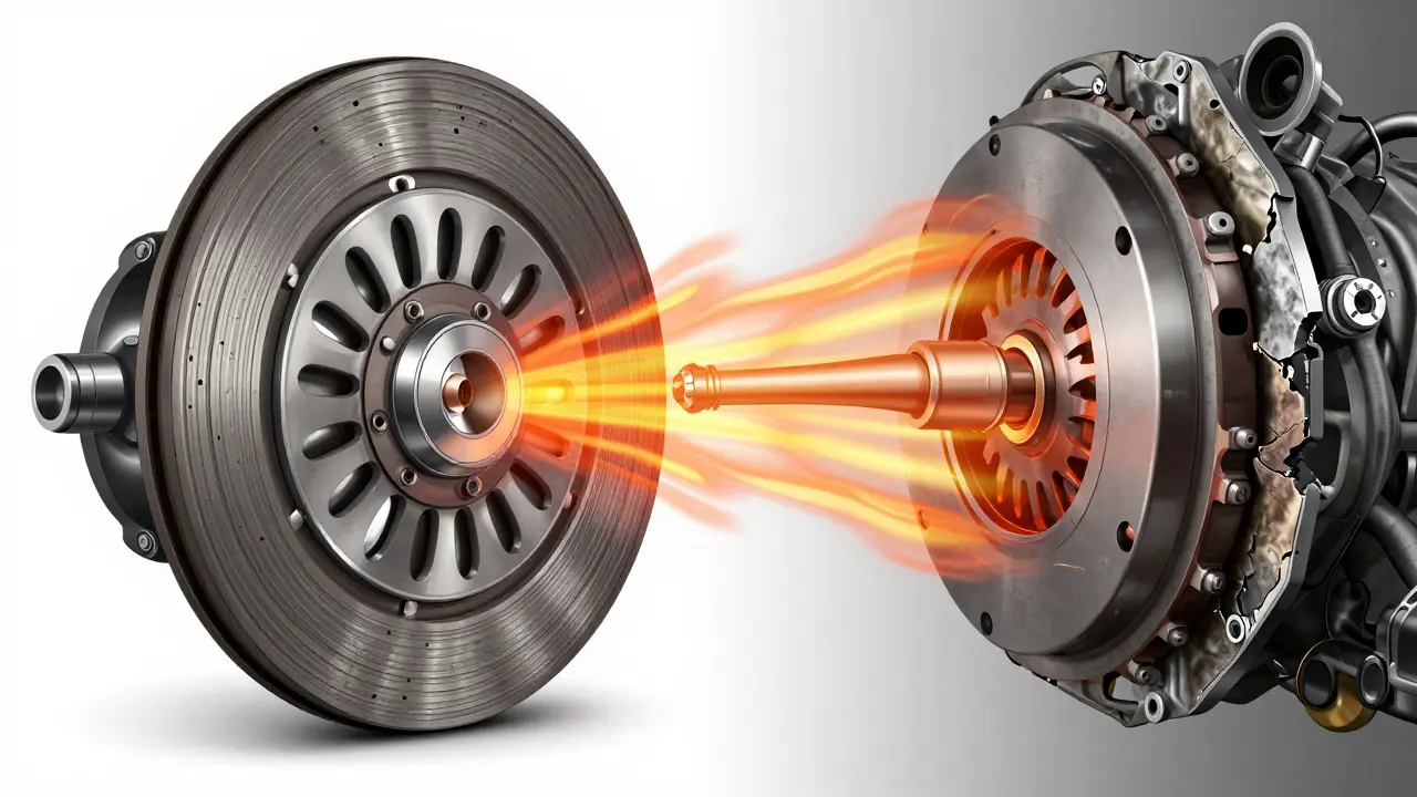 Průřez spojky Mazda s viditelným opotřebením a přehřátím, ukazující rozdíl mezi krátkou a dlouhou životností.