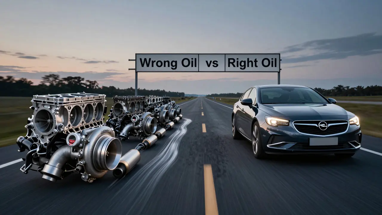 Road split between engine damage and protected engine, with 'wrong oil' and 'dexos2' signs.