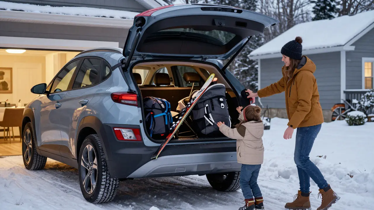 Rodina naloží kočárek a lyže do kufříku Hyundai Kona SUV na sněženém dvorku.