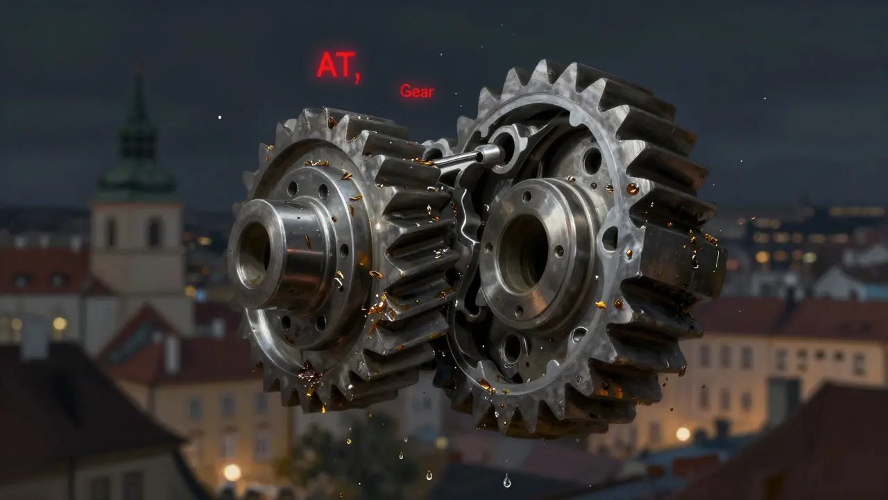 Rozložená převodovka s opotřebovanými ozubenými koly a kovovými částečkami ve vzduchu.