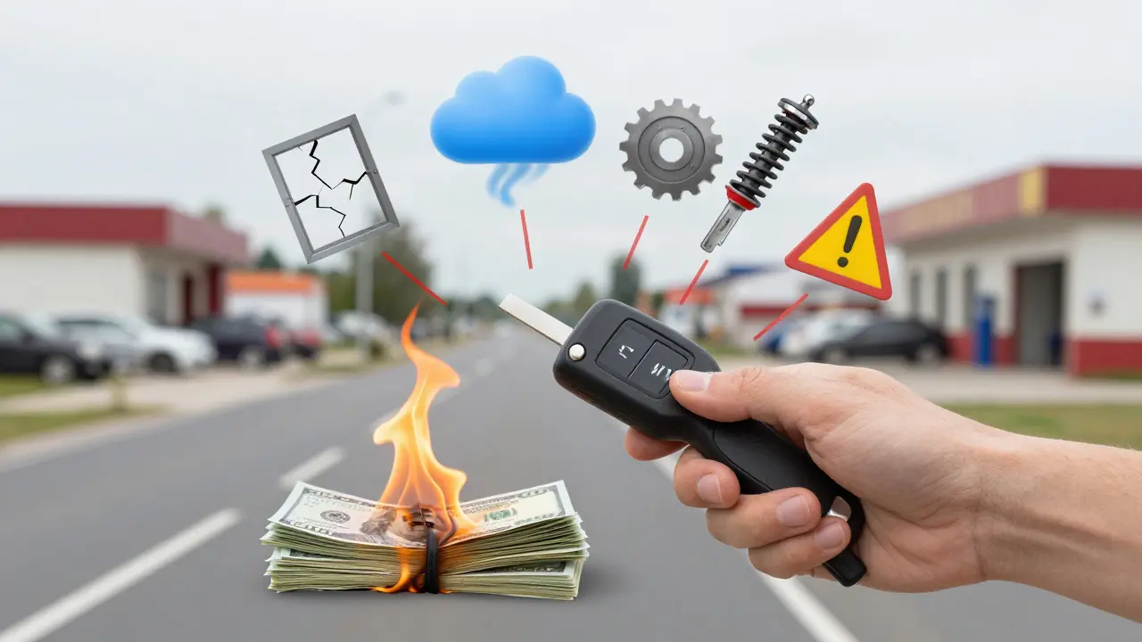 Rukou držený VIN kód s přehledem skrytých rizik auta: koroze, výfuk, převodovka a výdaje.