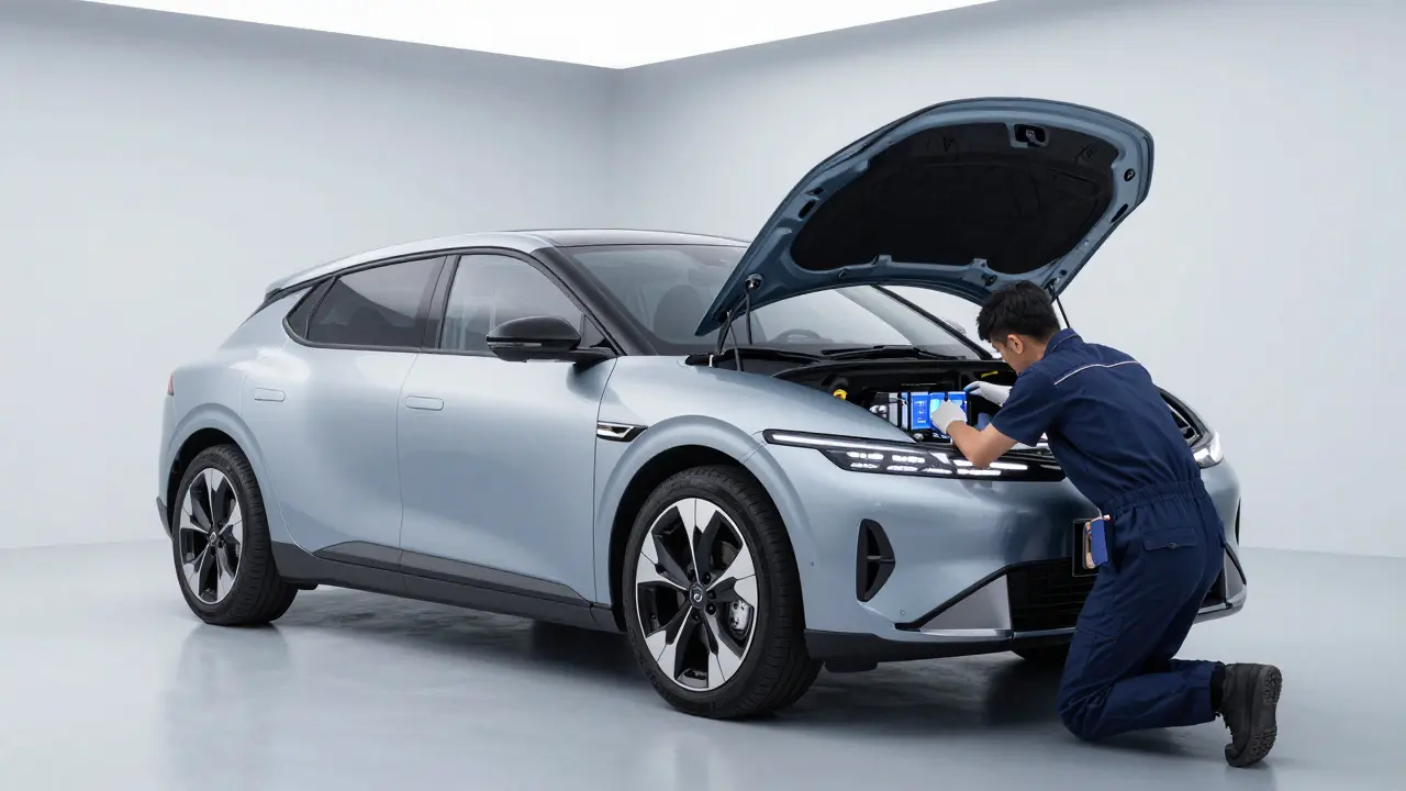 Servis elektromobilu Kia EV6 s kontrolou vysokonapěťového systému.