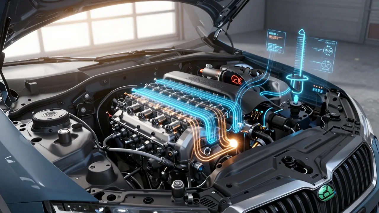 Škoda engine with glowing sensor data streams visualized as light lines across components.