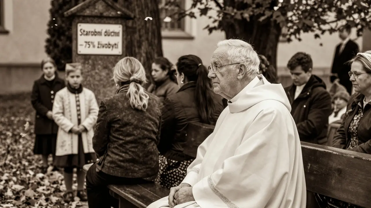 Starý kněz sedí na lavičce u kostela, když se shromažďují noví věřící.