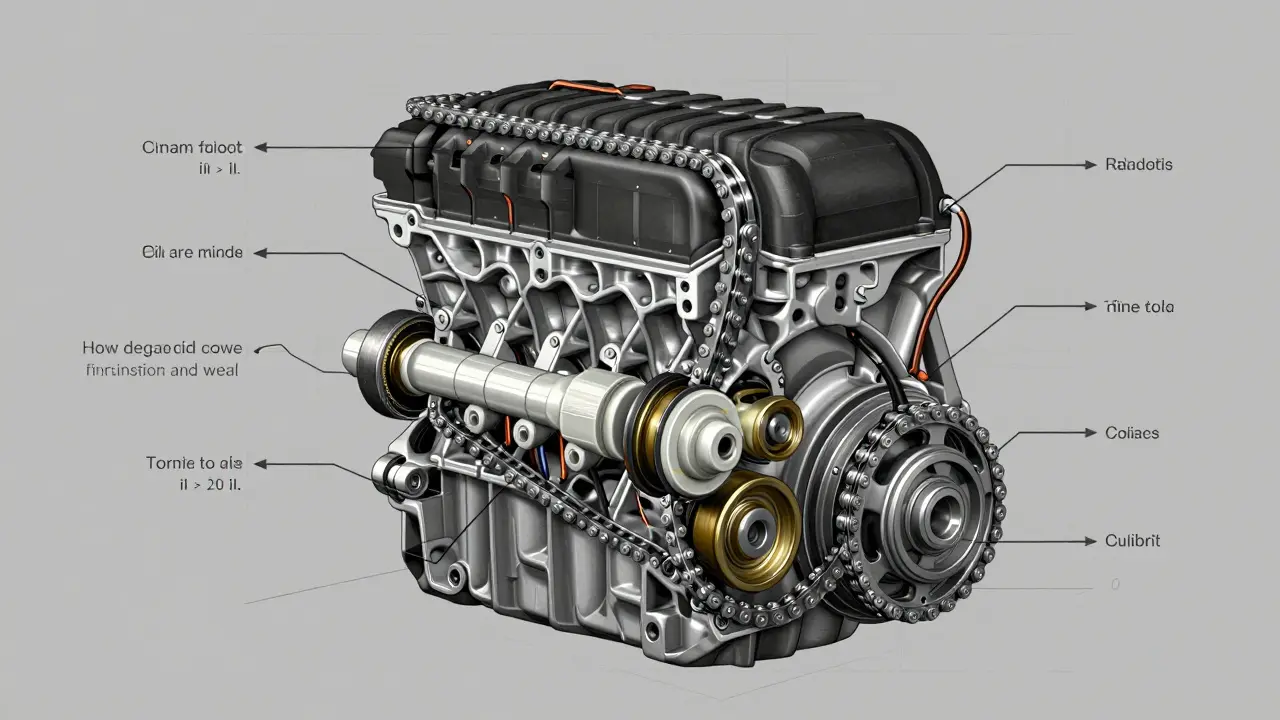 Technický výkres motoru s označenými součástmi rozvodového systému a tokem oleje