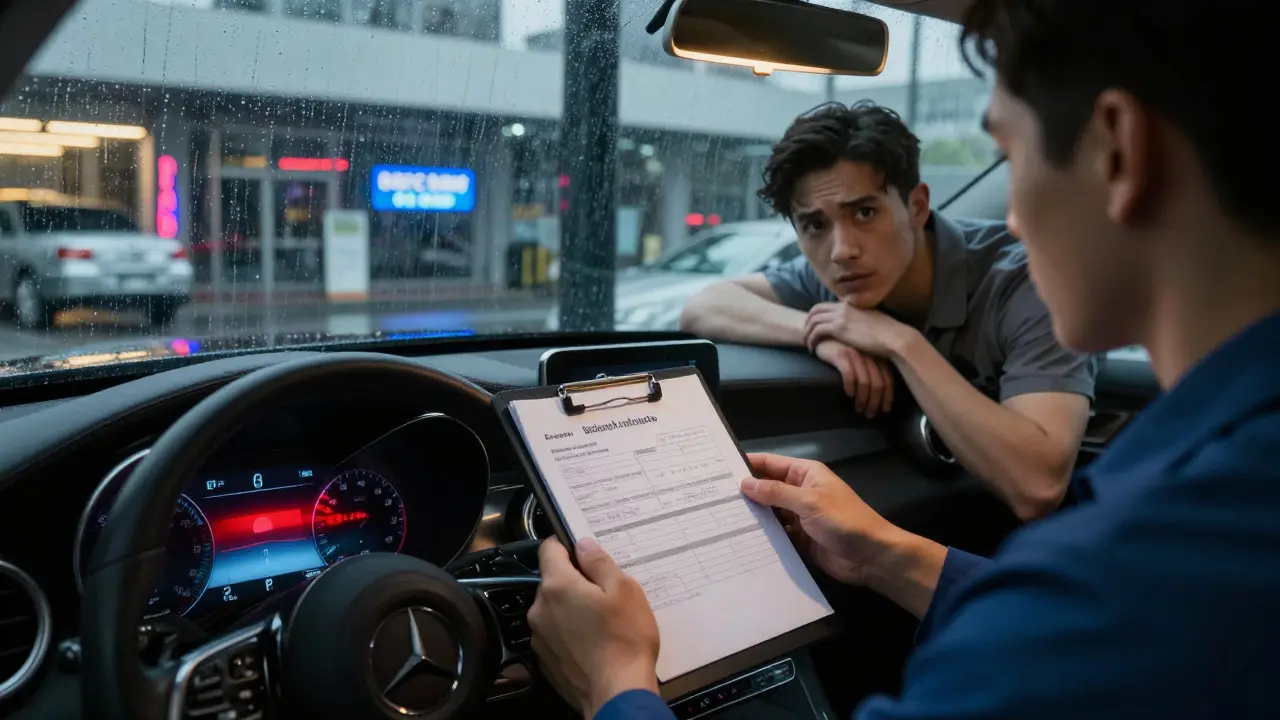 Technik analyzuje vadný displej v automobilu Mercedes-Benz v servisním centru.