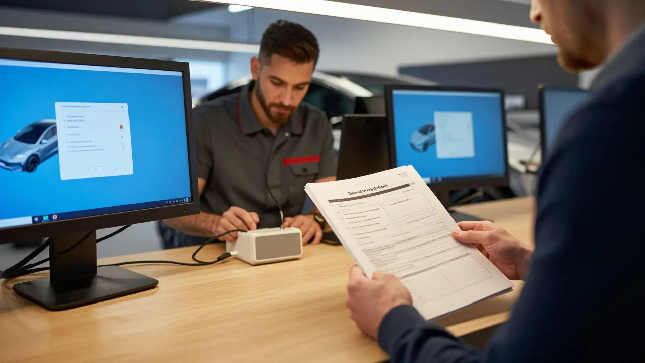 Technik v českém servisním centru prochází dokumenty o opravách Tesla, zatímco zákazník drží papíry s záručními podklady.