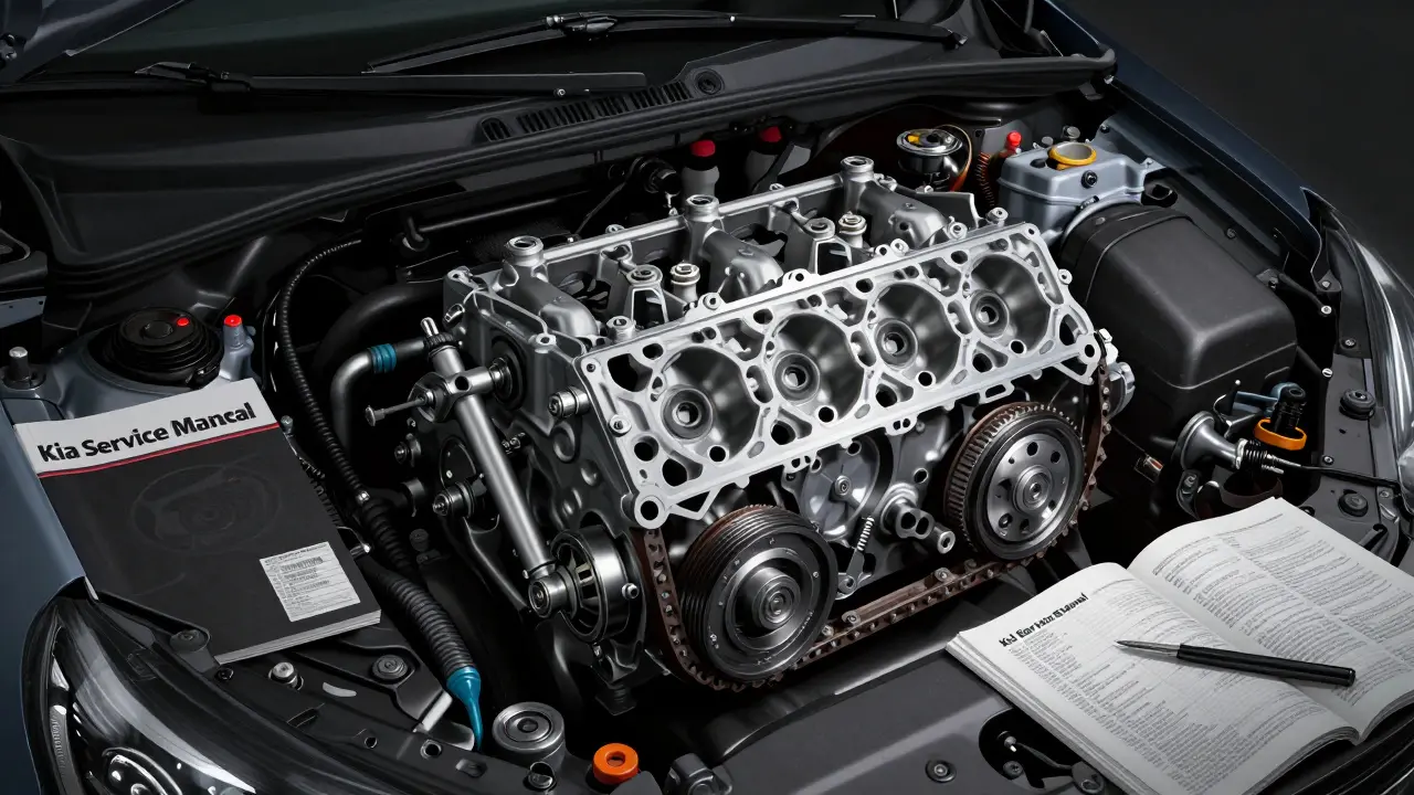 Technik vyměňuje řetěz motoru Kia Sportage s otevřenou hlavou motoru.