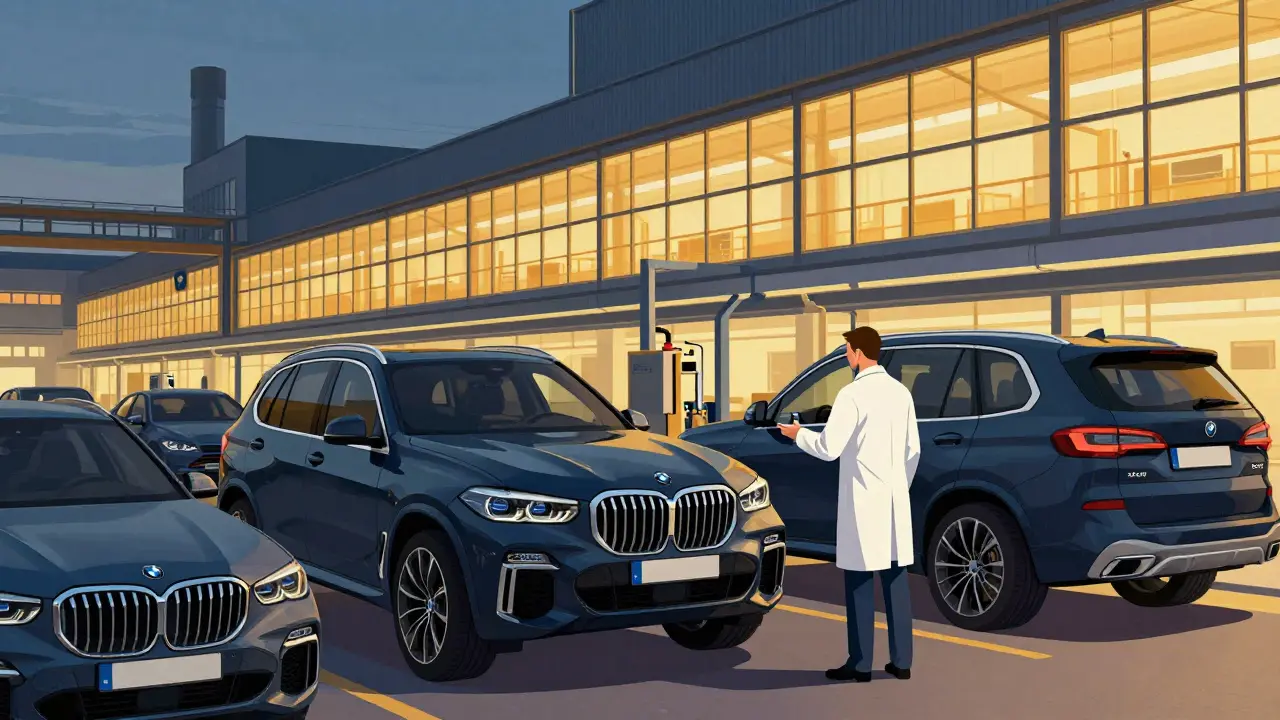 Továrna BMW v Eisenachu, Německo, kde se vyrábí dieselové a hybridní verze BMW X5 v tepelném světle večera.