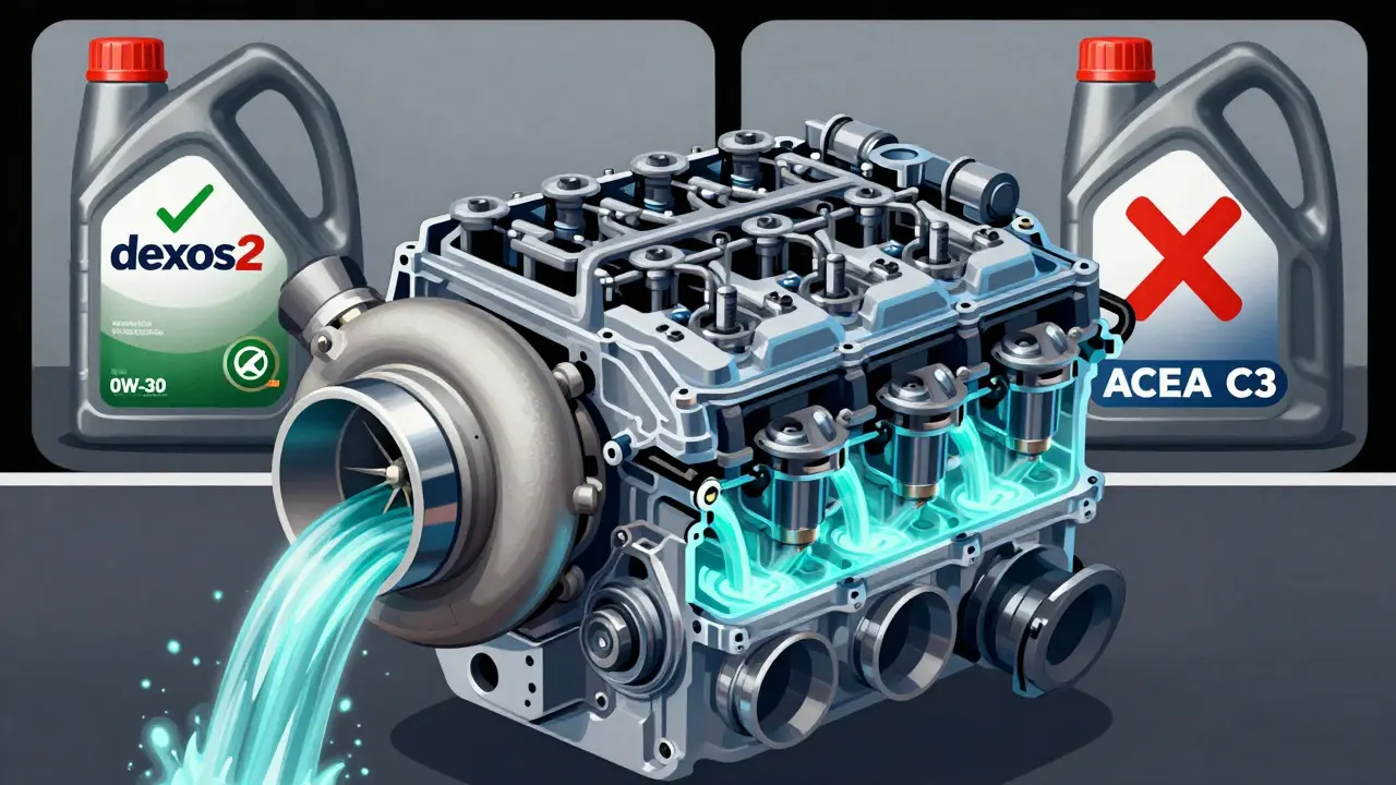 Transparent engine showing oil flow through turbo and pistons, with correct vs incorrect oil labels.