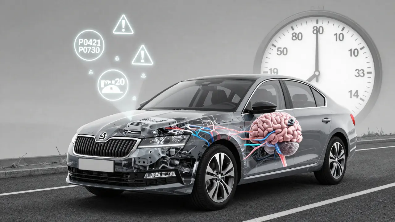 Transparent Škoda car revealing internal diagnostic warnings and mileage progression as symbolic elements.