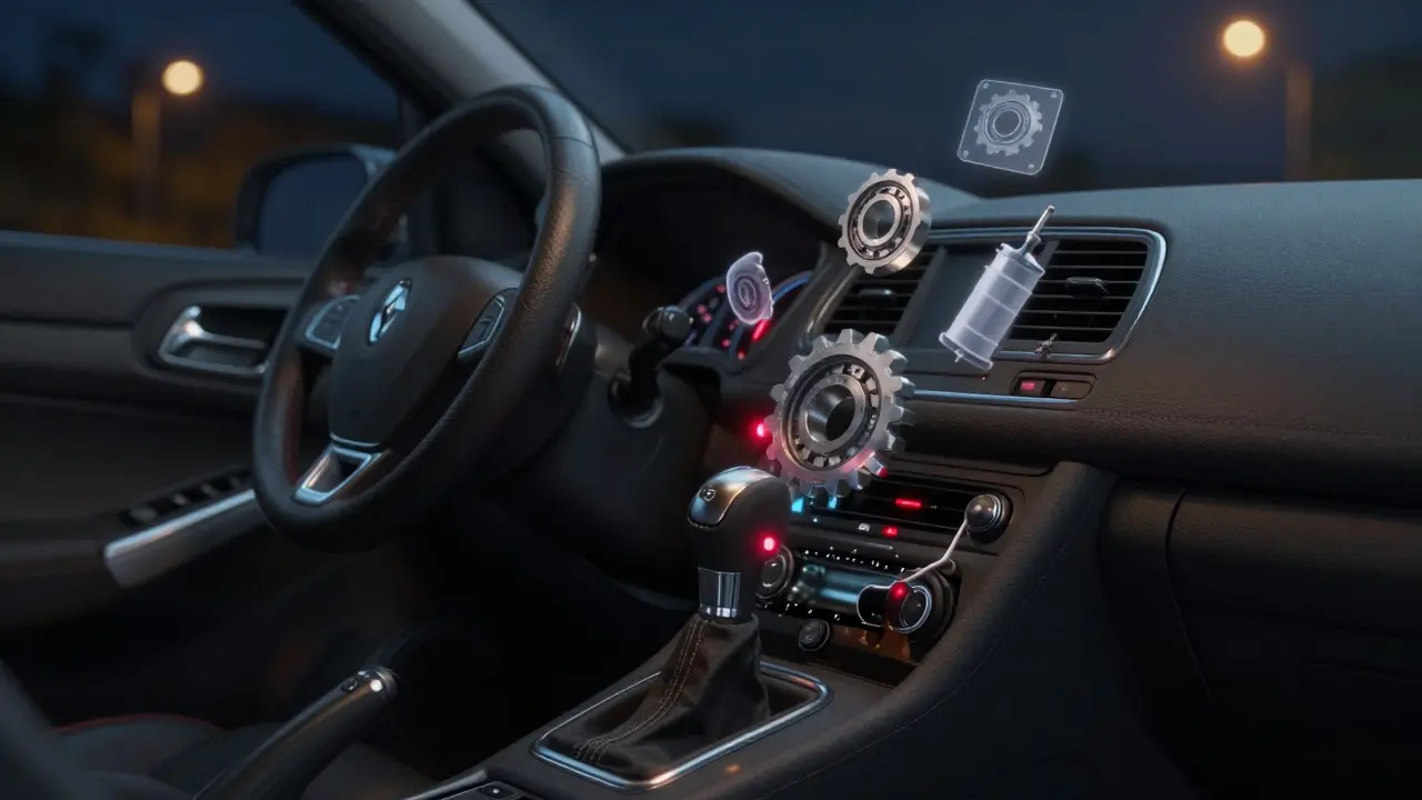 Vnitřek Renault Megane s červenou kontrolkou převodovky a poškozenými díly v okolí převodovky.