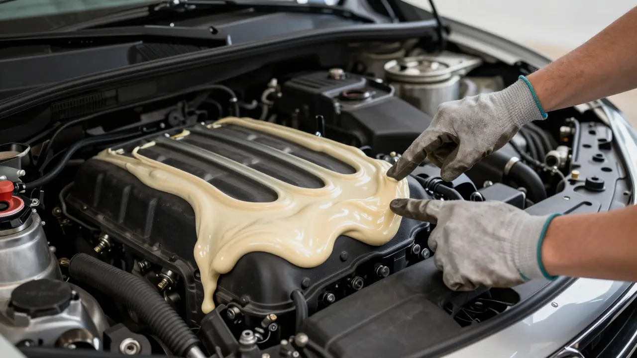 Bílá emulze připomínající majonézu pod víčkem plníče motorového oleje.